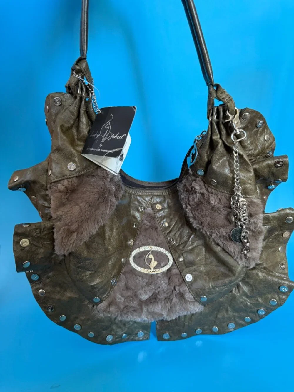 Baby Phat Y2K Olive Leather Fur Hobo Bag  Kimora Studded Rhinestone
